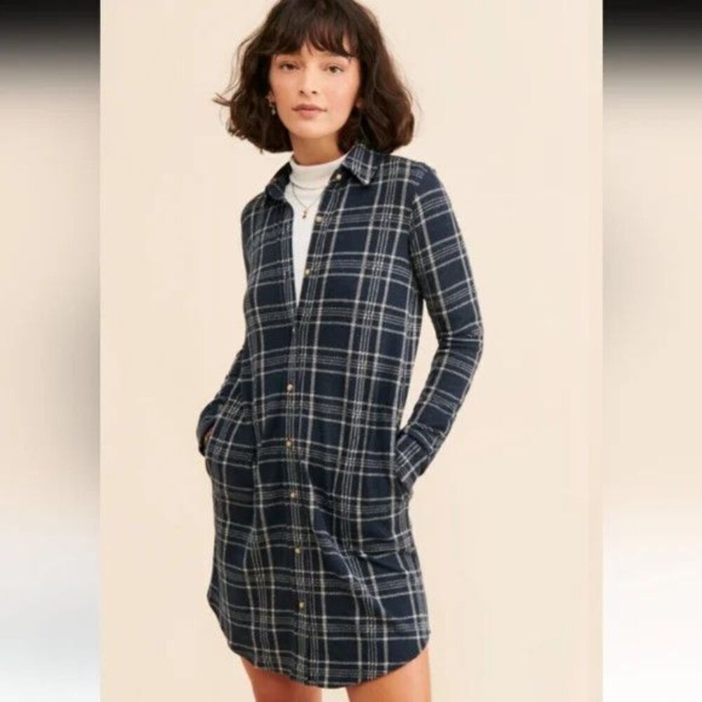 Faherty Dress Womens Small Plaid Knit Shirt Dress Long Sleeve Button Front